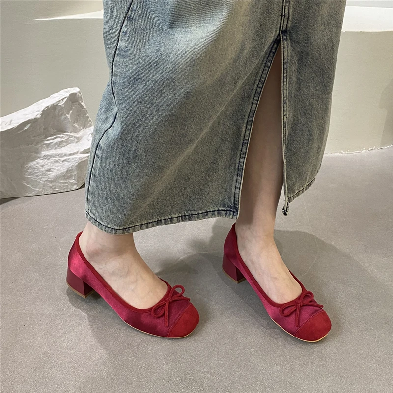 Moda Eleganckie Czerwone Baleriny Damskie Czółenka Slip on Loafers Round Toe Square Heels Bowknot Casual Spring Autumn Low Heel Shoes