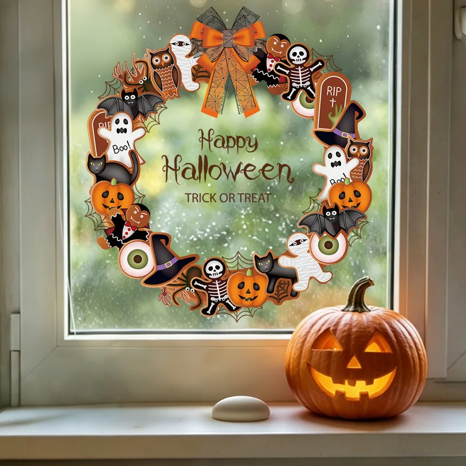 Halloween Creative Wreath Window Decals for Festive Atmosphere Scenario Layout Mall Display Window Glass Door Decorations