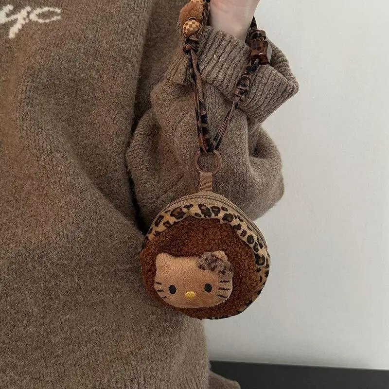 Kawaii Hello Kitty plush doll leopard print coin purse keyhole PP cotton filled cartoon cat mini earphone storage bag gift