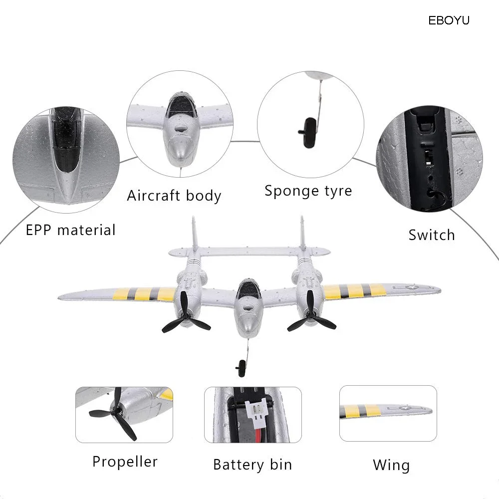 EBOYU FX-816 P38 RC Airplane 2.4GHz 2CH RC Plane Aircraft Outdoor Flight Toys for Kids Boys