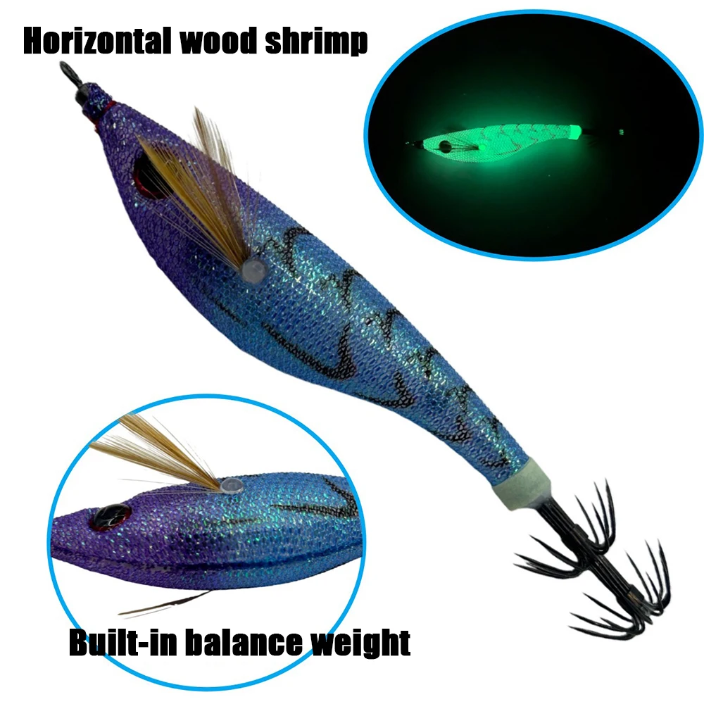 7.6g 9.6cm UV Horizontal Wooden Shrimp Squid Hook Jigging Lure Slow Sinking Bait with Rattle Beads For Octopus Cuttlefish view 6