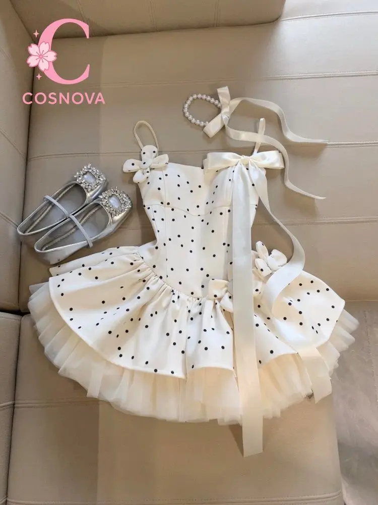 

Весеннее нежное балетное платье принцессы с сетчатыми вставками, женское летнее элегантное мини-платье в горошек на бретельках, пышное, для дня рождения