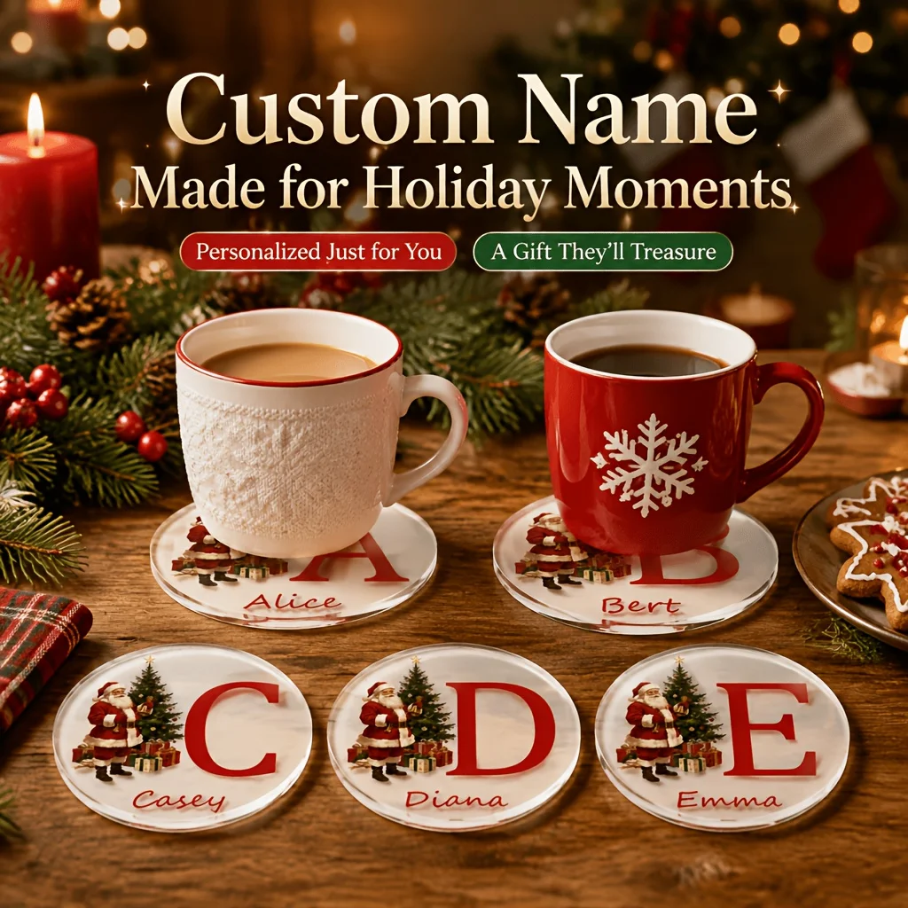 Personalized Christmas Acrylic Coaster Custom Name A-Z Initial Vintage Santa Drink Coaster for Xmas Table Home Bar Decor Gift