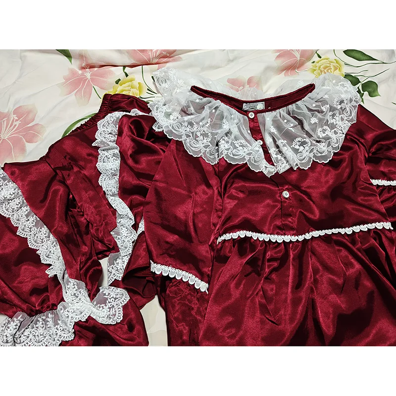 韓国ファッション女性のワインアイスシルク長袖プリンセスプラスサイズホーム服パジャマセットレースサテンフレア袖