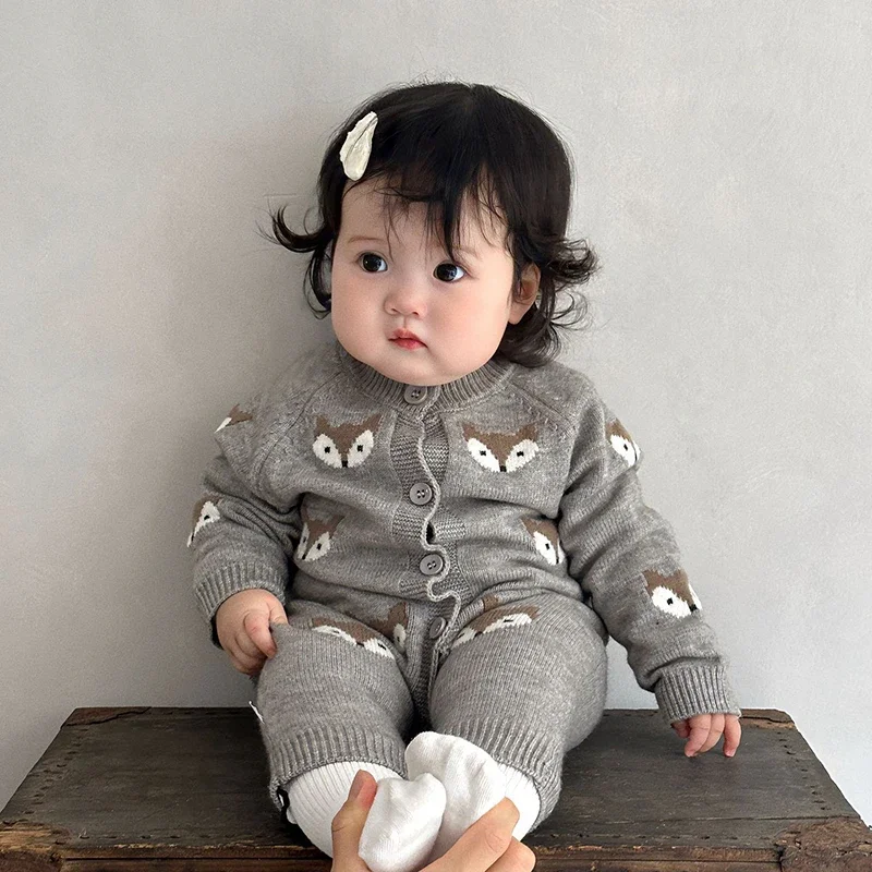 LILIGIRL 2025 Spring Autumn Baby Clothes Newborn Baby Knitted Romper Cute Fox Embroidery Gray Korean Style Jumpsuit