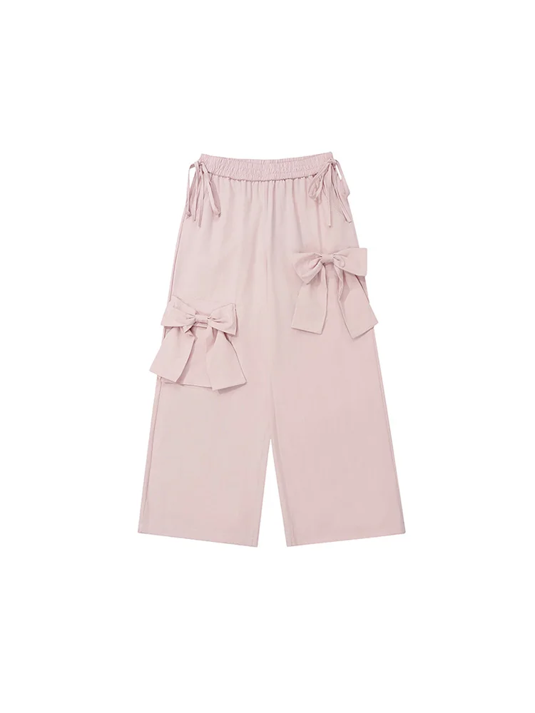 Calça feminina feminina casual rosa doce, laço de emagrecimento solto, perna larga, calça elegante, nova moda, Y2K, primavera 2022