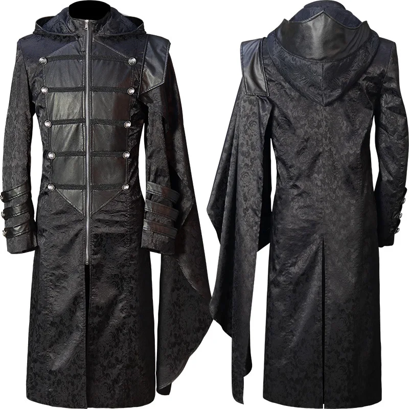 

Ten thousand Christmas European and American men steam retro uniform stand collar black leather punk Gothic cloak coat