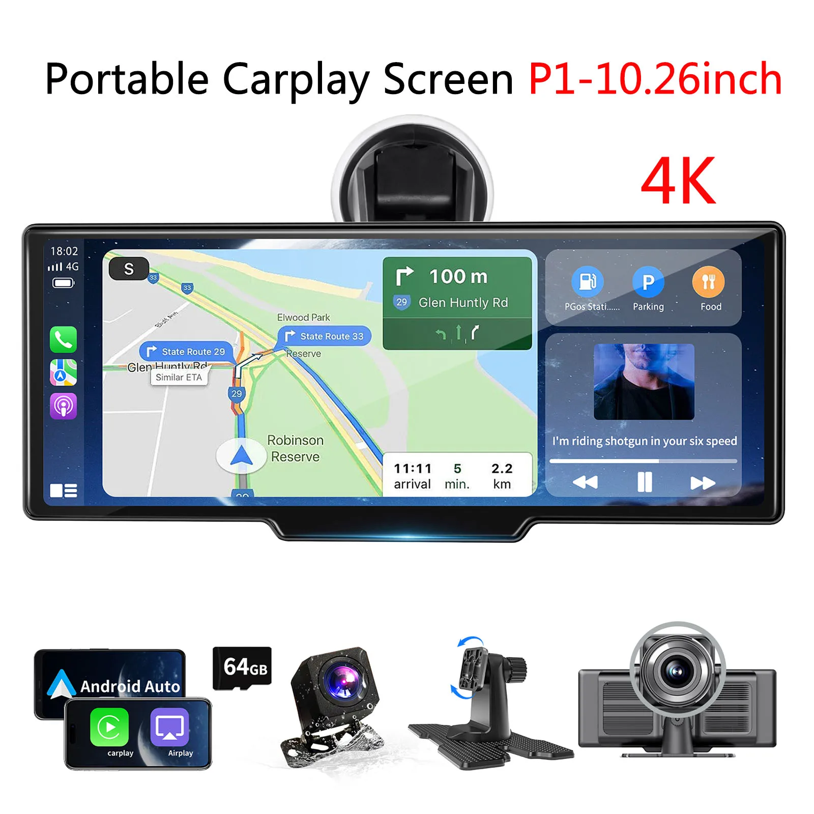 10.26inch Carplay Screen P1 4K Portable Touch Display Srceen Wireless Multimedia Player Car Stereo Compatible with Android Auto