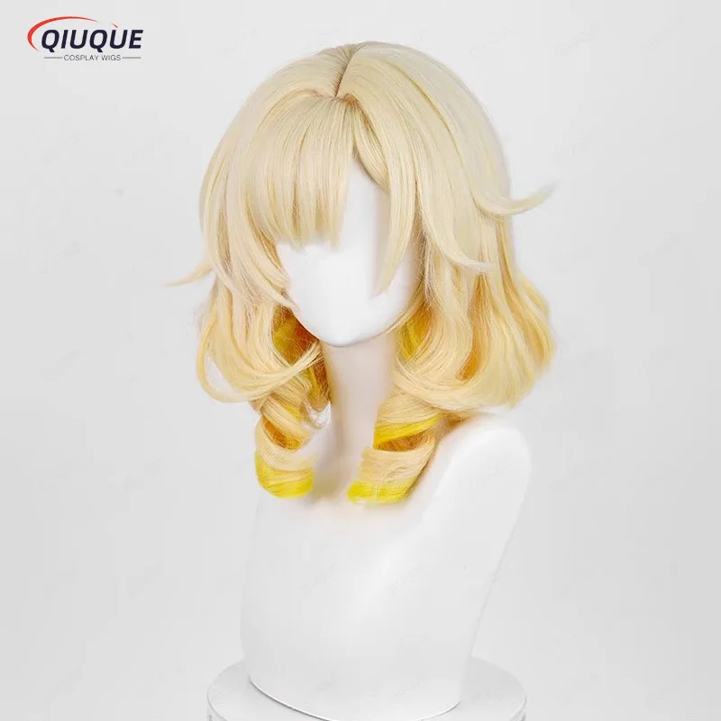 Aglaea Cosplay perruque courte bouclée lumière dorée dégradé jaune perruque résistant à la chaleur cheveux synthétiques Halloween perruques + bonnet de perruque