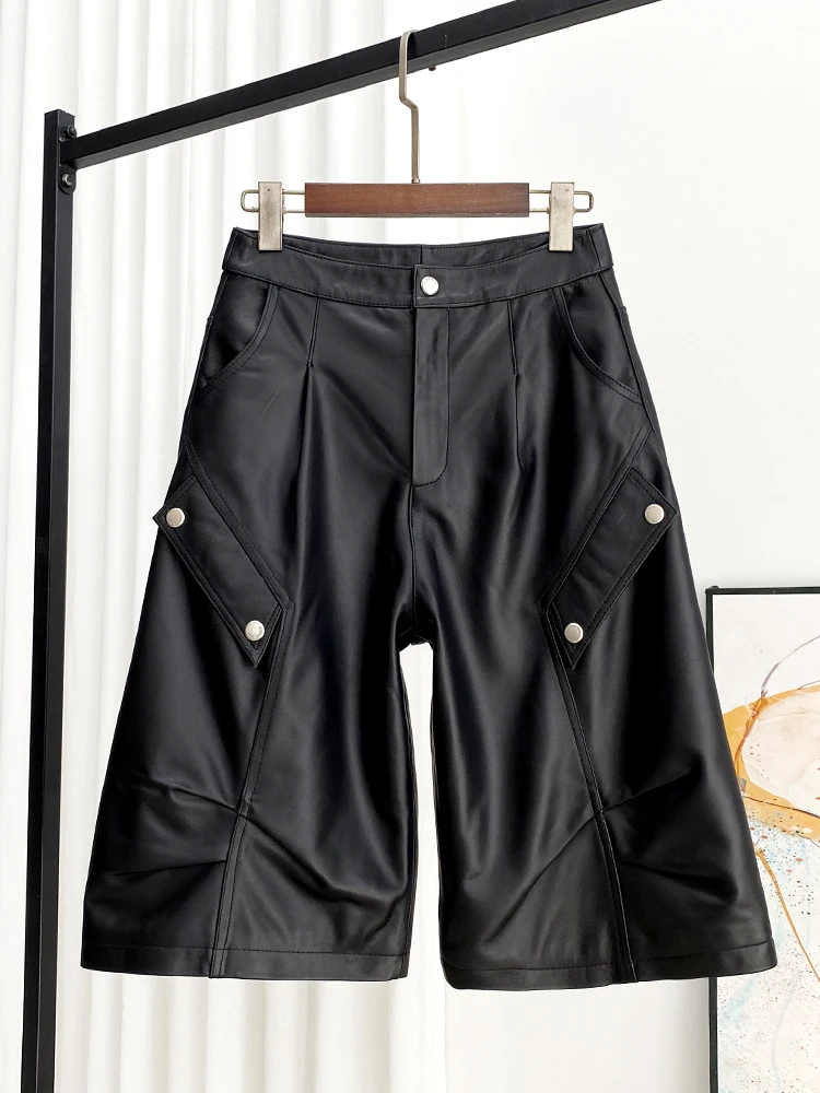 

Autumn New High Quality Genuine Real Leather Pants Women's Sheepskin Wide-Leg Straight Waist Loose All-Match