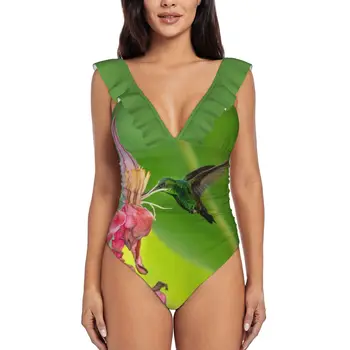 Sipping Sweet 2 Ruffle One Piece Swimsuit Women Swimwear Push Up Monokini Sexy Print Bathing Suit Hummingbird Hummingbirds