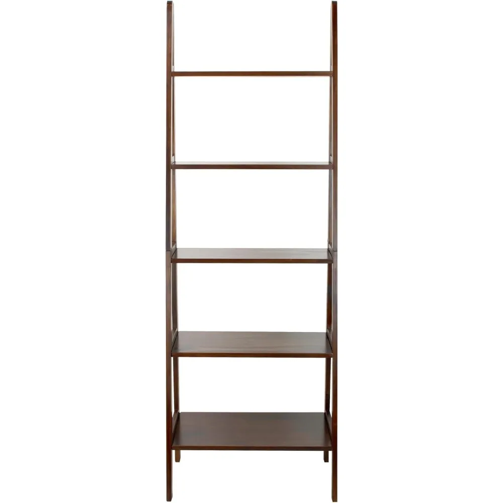 Casual Home Librería con escalera de 5 estantes de madera maciza 100%, 24,75 ancho x 16 profundidad x 72 alto, marrón cálido, estante con escalera independiente de 5 niveles