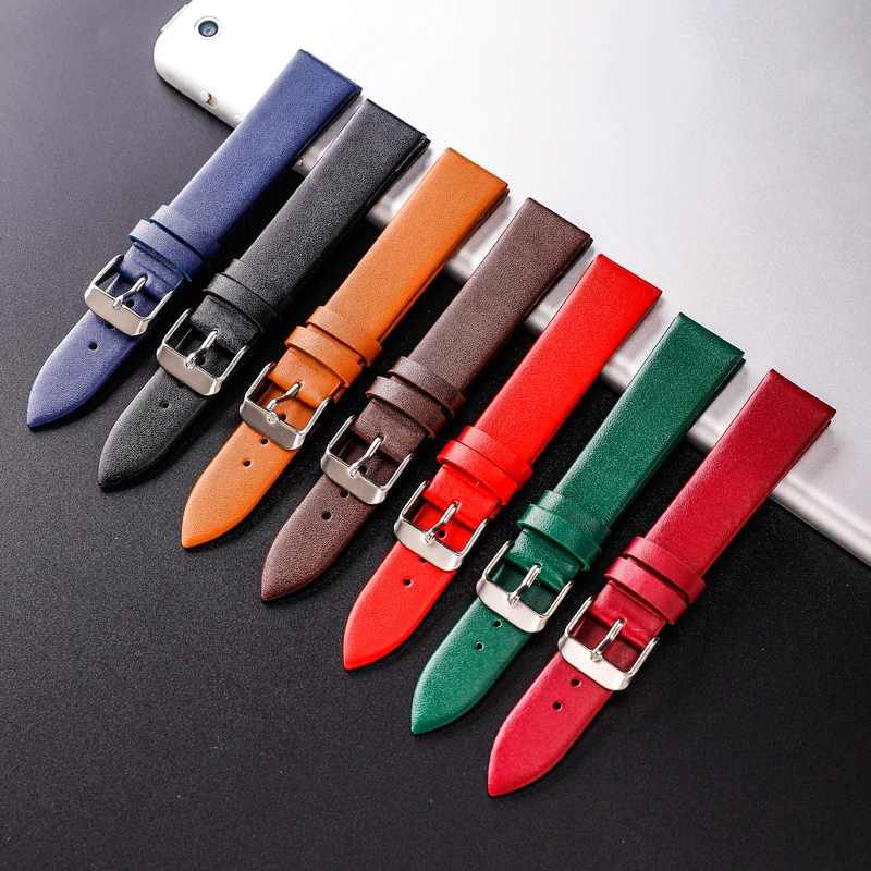 Cowhide Leather Watch Band Ultra Thin 12/14/16/18/20/22mm Watch Strap Plain Weave Needle Pattern Colorful Belt Replacement