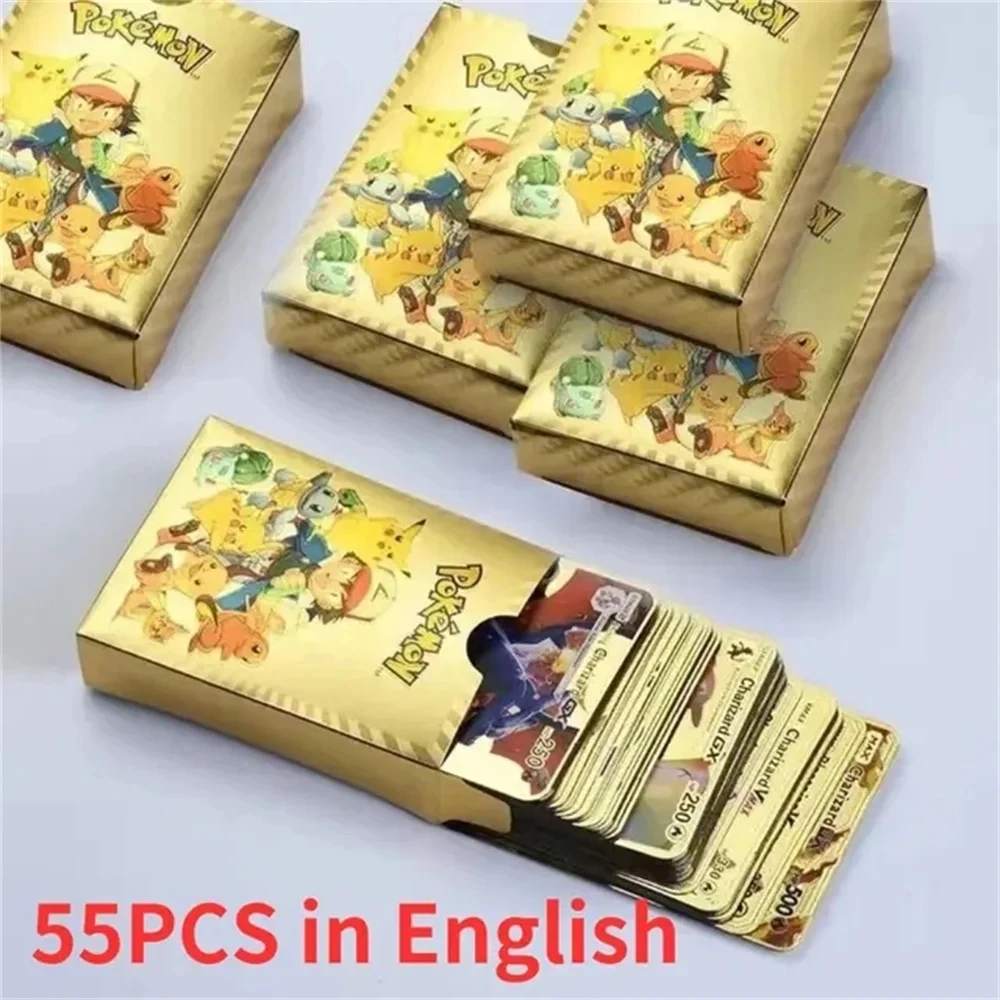 pokemon gold foil card english french german spanish gold black silver kids battle card birthday gift