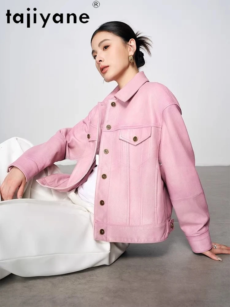 TAJIYANE Echte Schaffell Leder Jacke Frau Kurze Rosa Retro Mantel Echtes Leder Jacken 2025, Herbst Frauen Kleidung Ettка