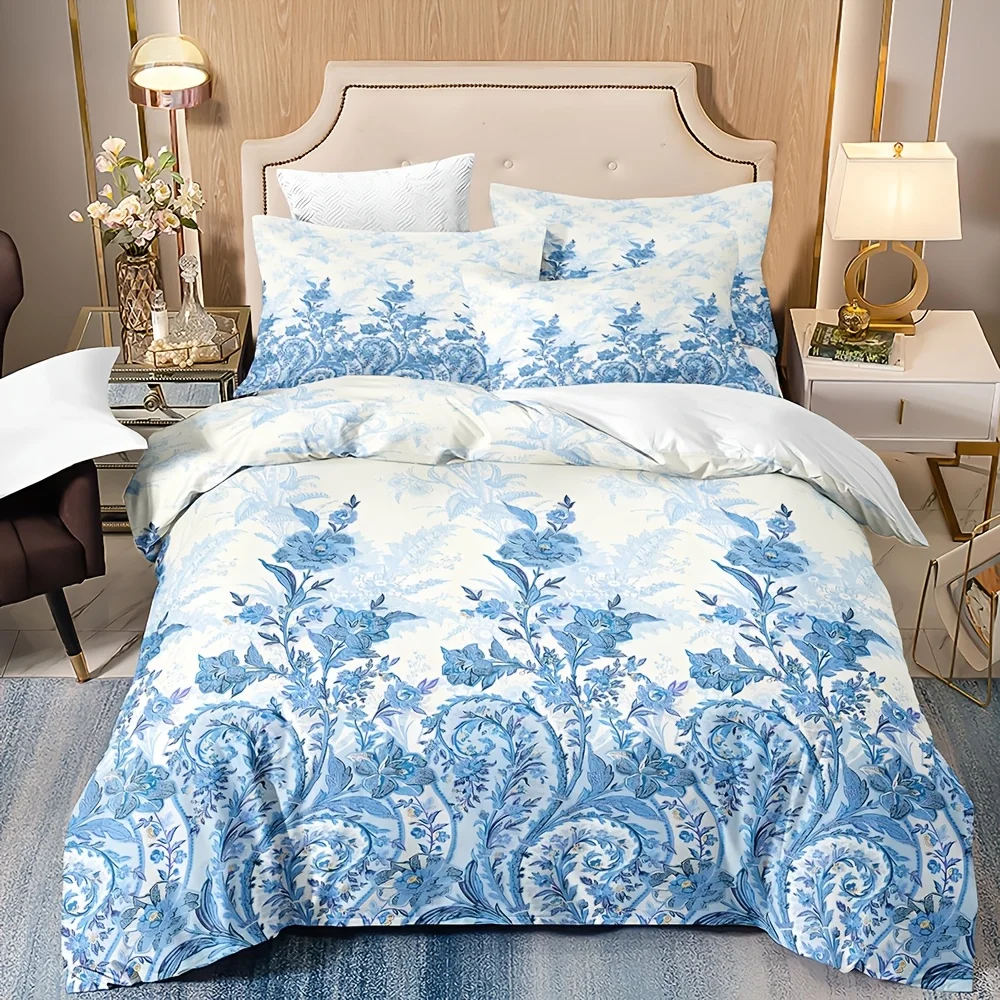 

Soft & Breathable 3pcs Blue & White Floral Duvet Cover Set - Includes 1 Duvet Cover and 2 Pillowcases, Perfect for Bedroom, Dorm