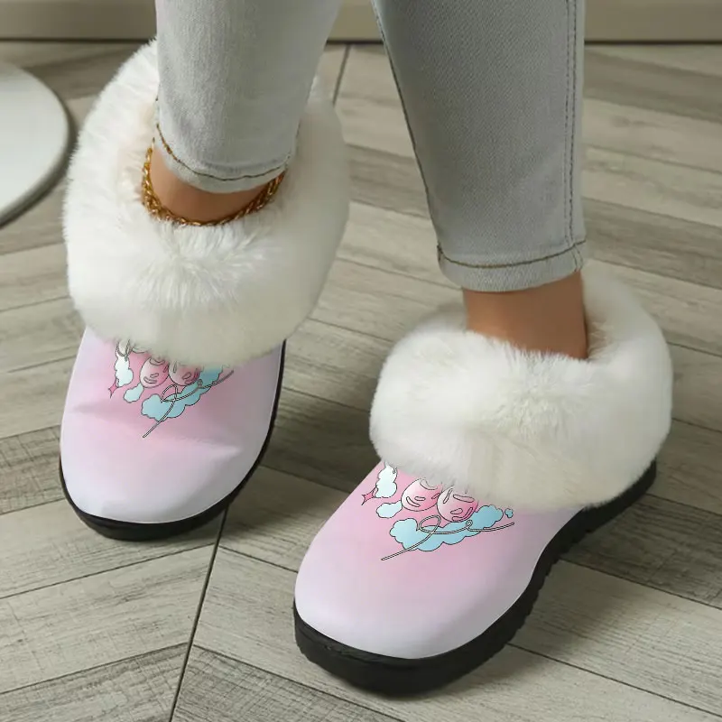 Pink Cloud Angel Print Women's Winter Warm Plush Slippers Fuzzy Fleece House Slippers Indoor Shoes view 5