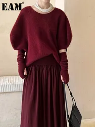 [EAM] Wine Red Big Size Elegant Knitting Sweater Round Neck Long Sleeve Women Pullovers New Fashion Spring Autumn 2024 1DH7316