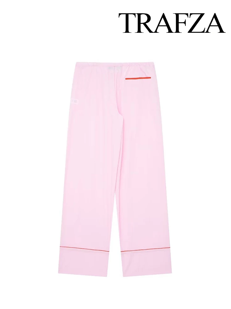 New Spring Chic Woman Loose Long Pink Mid Waist Pockets Lace-Up Trousers Female New Fashion Casual Wide Leg Pants