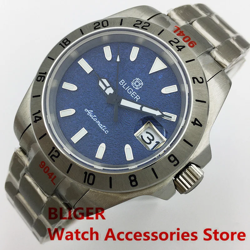 BLIGER NH35 Automatic Men Watch 40mm Silver Case Blue Dial Steel Strap Bracelet Fixed Bezel Sapphire Glass Green Luminous