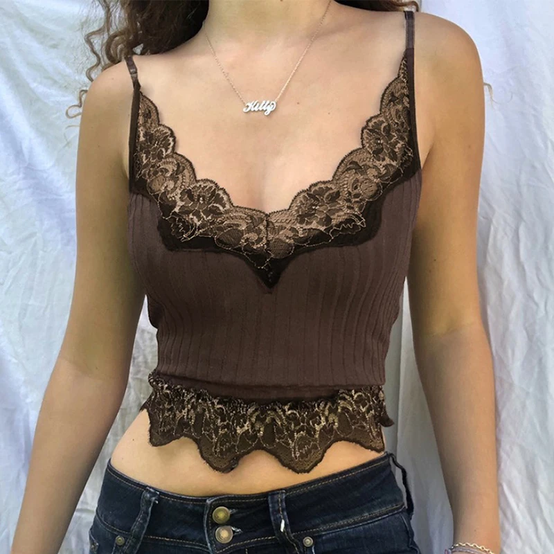 Brown Lace Trim Ribbed Tops Women Summer Sexy V Neck Cami Vest Vintage 90s Y2K Crop Top Gobincore Fairy Grunge Aesthetic Clothes