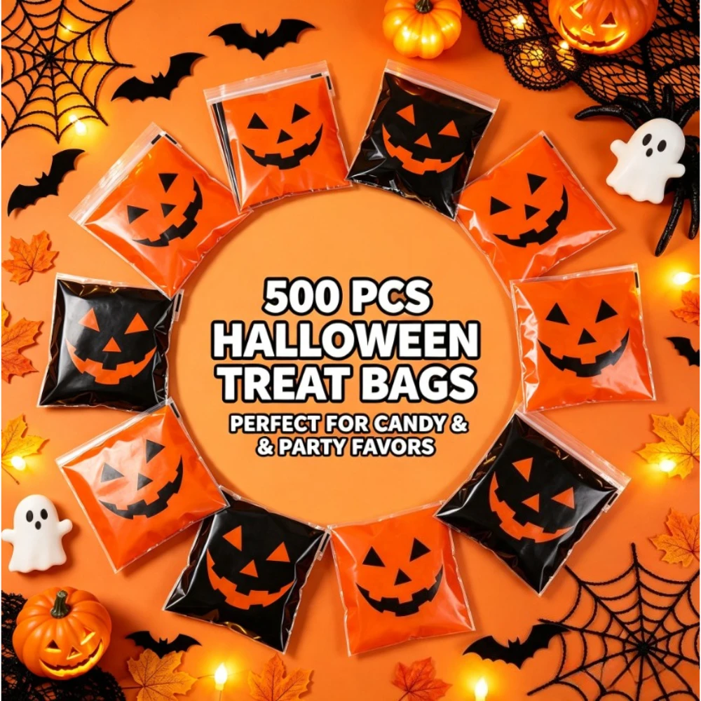 500 Stück Deluxe Halloween-Ziplock-Beutel in Schwarz und Orange mit bösen Kürbismotiven, Aufbewahrungsbeutel für Süßigkeiten und Backwaren, Feiertagsdekoration und Geschenke – Detail 5