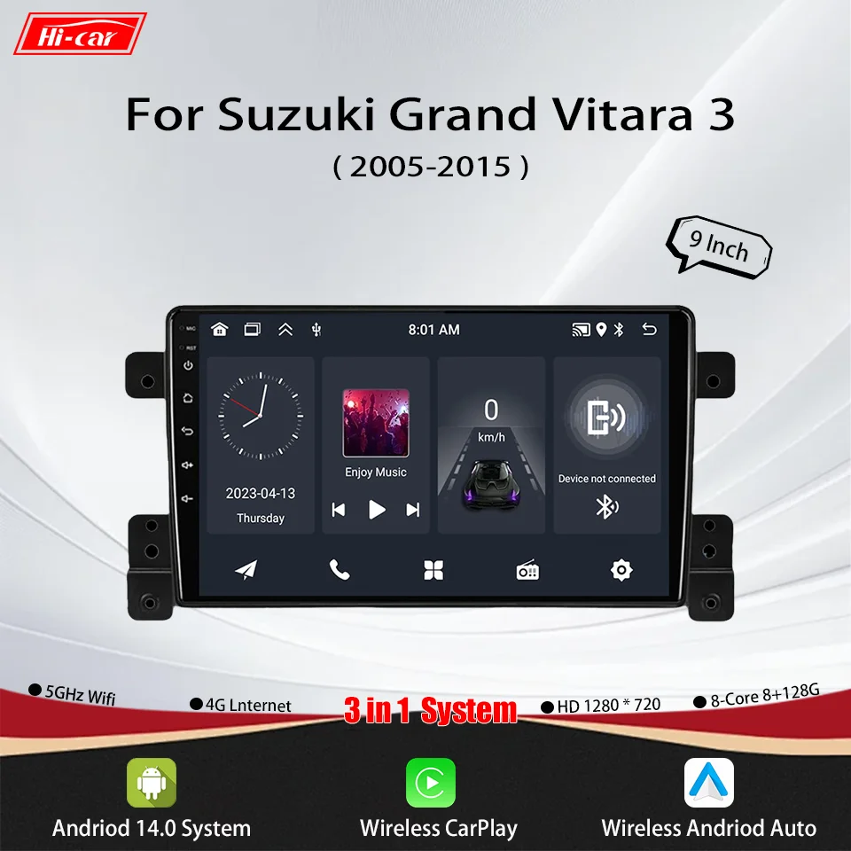 9 inch Car Radio For Suzuki Grand Vitara 3 2005 - 2015 2Din Android 14 Wireless CarPlay Stereo Multimedia Video Player Autoradio