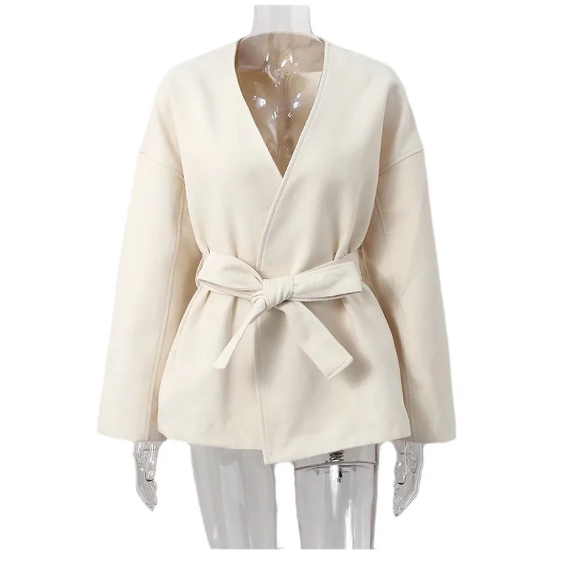 Elegant V-neck Long Sleeve Jacket Fashion Solid Color Lace-up Wool Jacket Belt Women 2025 Autumn Winter Sheepskin coat for women