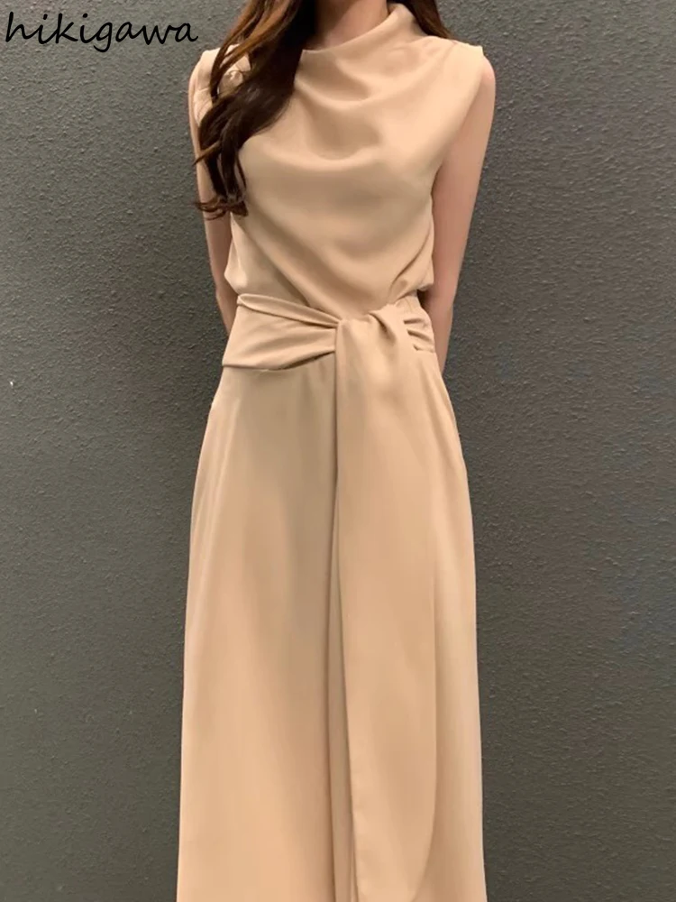 Vintage Summer Dresses for Women Korean Chic Temperament Robe Femme 2024 Vestidos De Mujer Slim Waist Bandage Maxi Dress 27y115