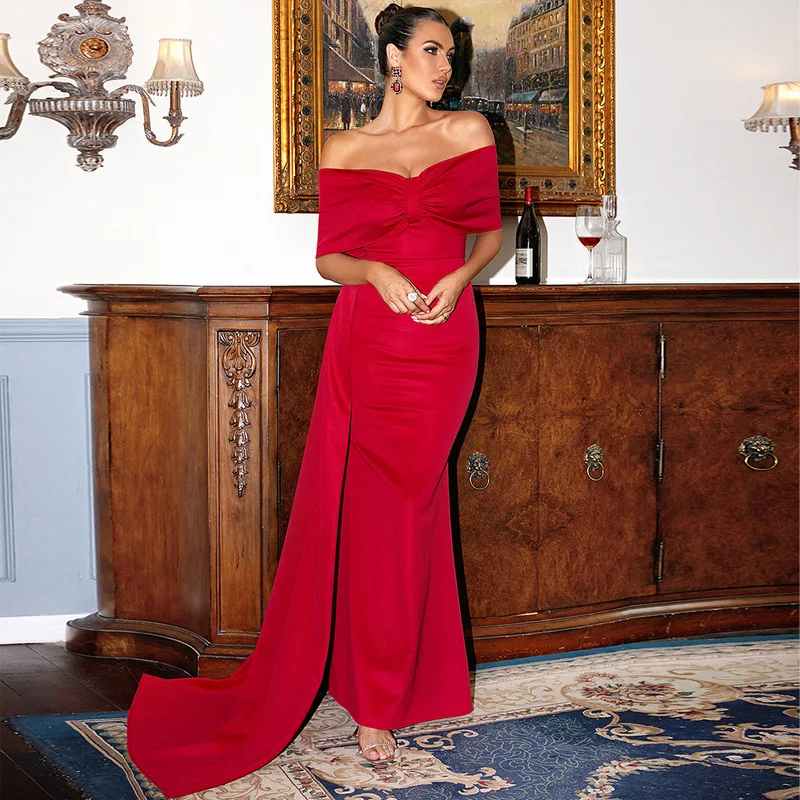 Ele Red Satin Off-oulder Long Evening Gown ort Sve High-Ne Wrap Chest Cross-Border Ladylike Faionable