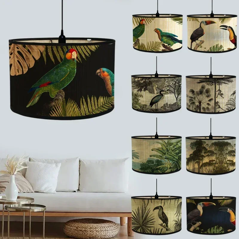 

1PC Retro Style Light Cover Chandelier Wall Lamp Shade Birds Printing Lampshade Bamboo Art Chandelier Homestay Decor