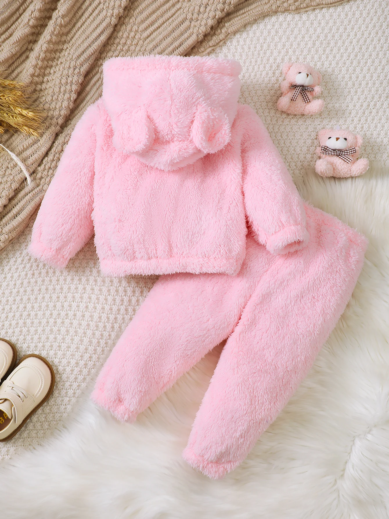 Autumn And Winter Pink Fluffy Set Baby Girls Cute Cartoon Bunny Figure Hooded Long Sleeve Hoodie Elastic Waist Solid Color Pants