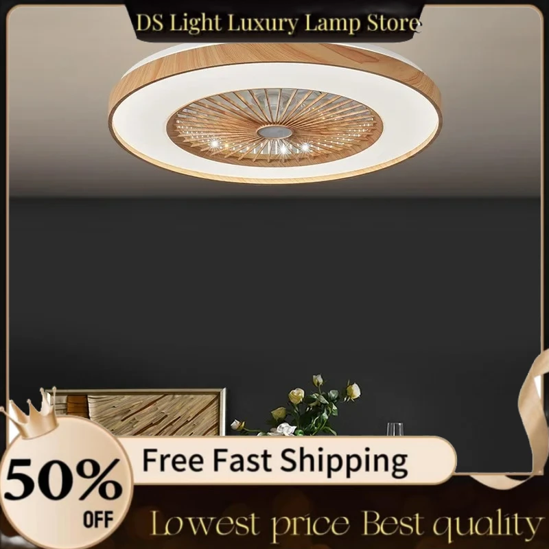 

Living room fan 60cm ceiling mounted fan APP wood grain color electric fan pendant light dining room bedroom decorative light