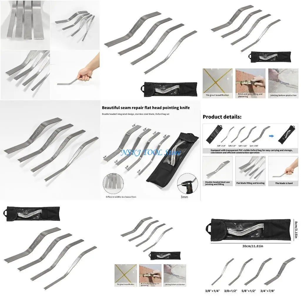 L8rc pacote 4 espátulas cabeça plana dupla aço inoxidável conjunto com saco armazenamento oxford pvc 3/8