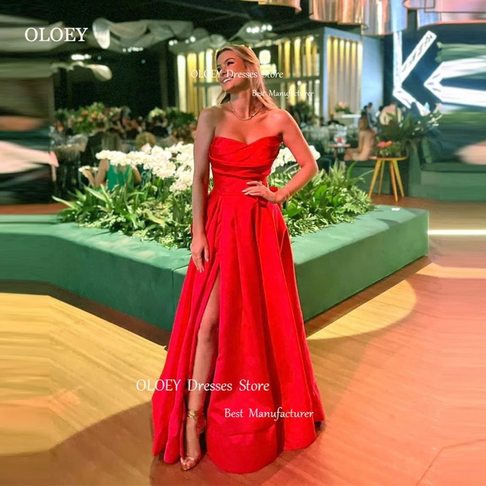 

OLOEY Red Satin A Line Evening Dresses Long Wedding Party Dress Sweetheart Split Floor Length Prom Gowns Vestido de fiesta