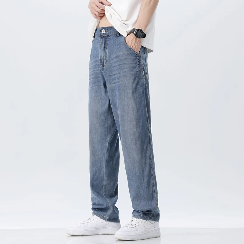 

Фирменная Новинка, летние тонкие мужские джинсы из лиоцелла, мягкие прямые повседневные мешковатые джинсовые брюки, мужские уличные брюки 28-38