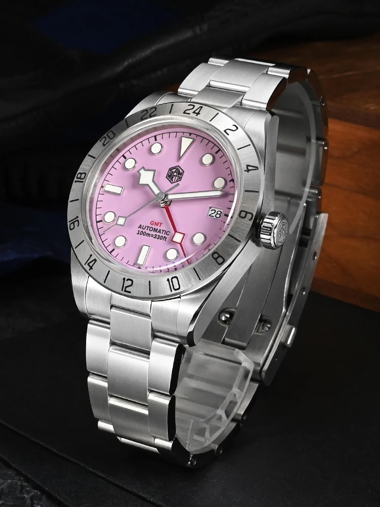 San Martin esfera rosa BB GMT NH34 39mm clásico de lujo hombres de negocios reloj mecánico automático zafiro impermeable Relojes SN0054