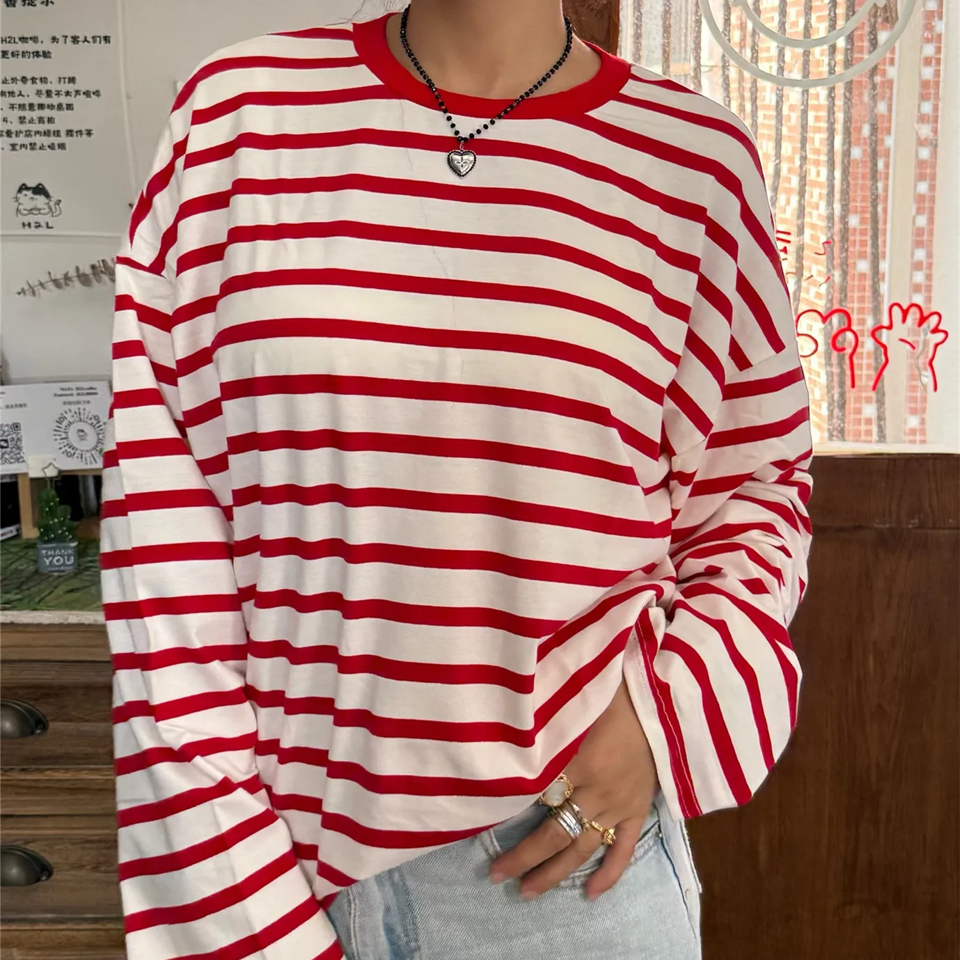 تي شيرت نسائي فضفاض أساسي بأكمام طويلة ورقبة مستديرة وخطوط مطبوعة تي شيرت بلوزات ربيع الخريف Y2K ملابس خروج عتيقة #3
