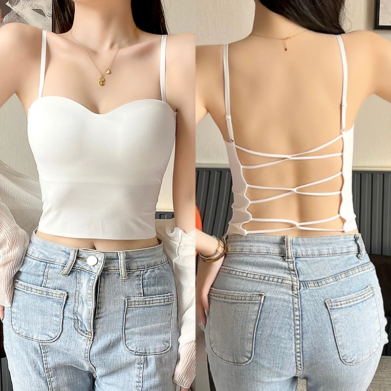 Ice Cool Silk Summer Women\'s Base Camisole Hot Girls Sexy Cross Beautiful Back Slim Fit Girl Y2k Top With Chest Pad