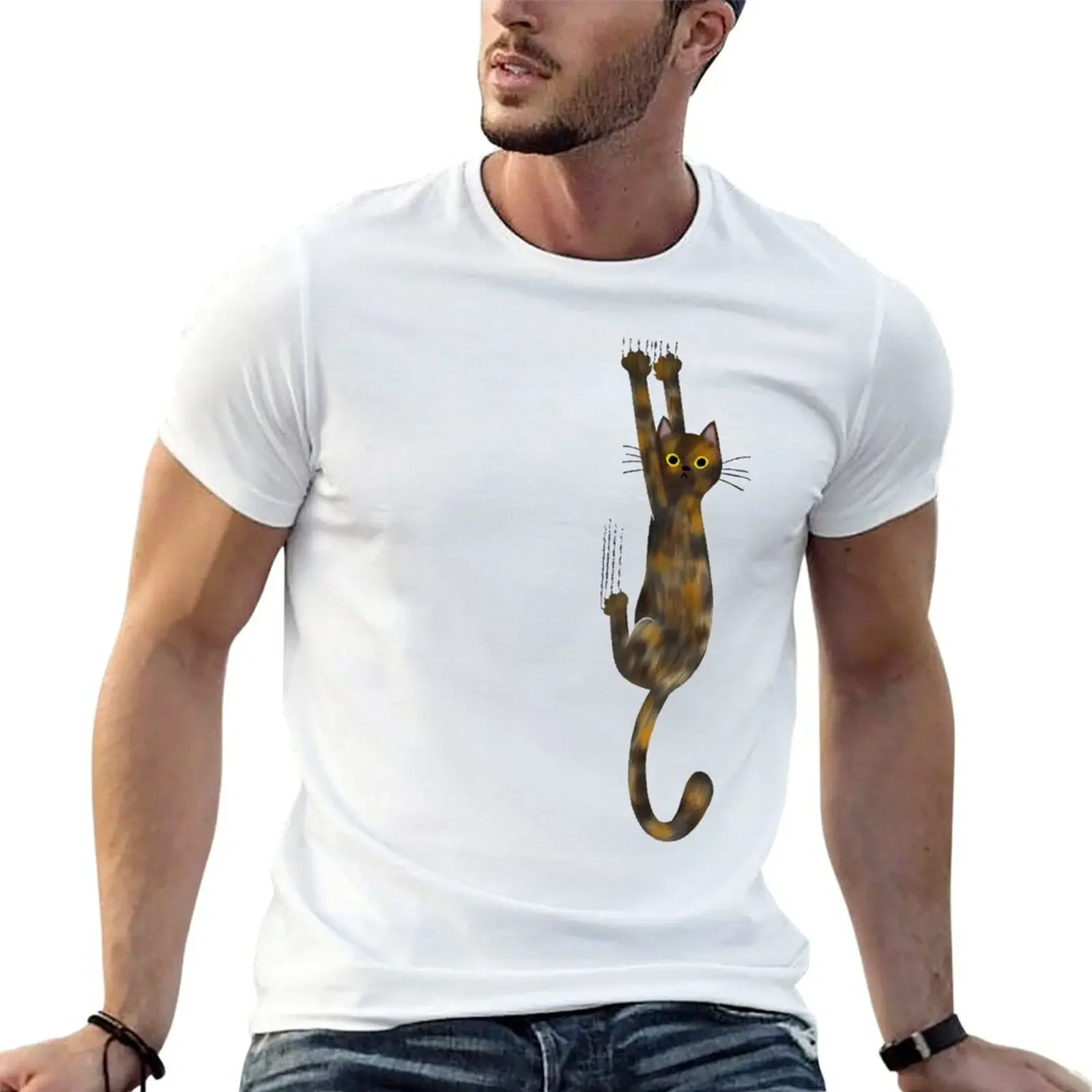 Tortoise Shell Cat Hanging On Tortie Cat with Yellow Eyes T-Shirt tops graphic shirts vintage clothes t shirt men 100℅ cotton