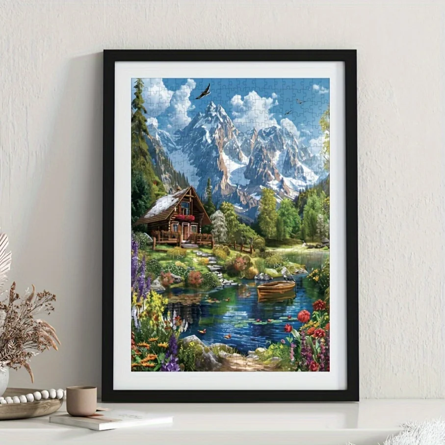 Een mini-puzzel - Villa aan het meer en sneeuwgekapte berglandschap, levendige papieren puzzel voor volwassenen, perfect voor Pasen, 1 april