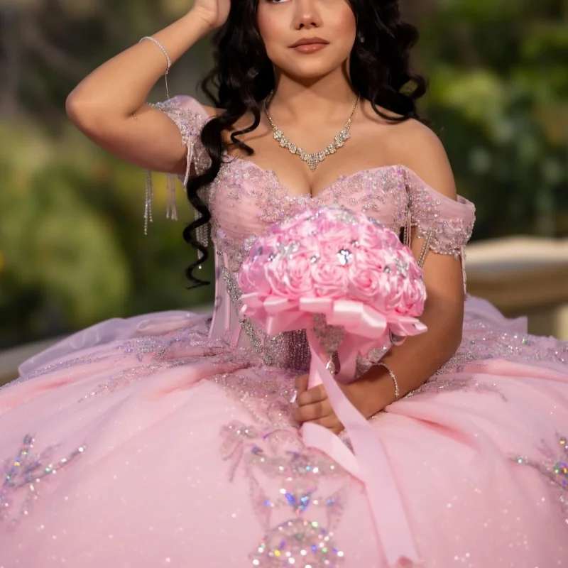 

Shiny Light Pink Quinceanera Dresses Off the Shoulder Glitter Decal Long tail Bow Vestido De 15 Quinceanera Customize