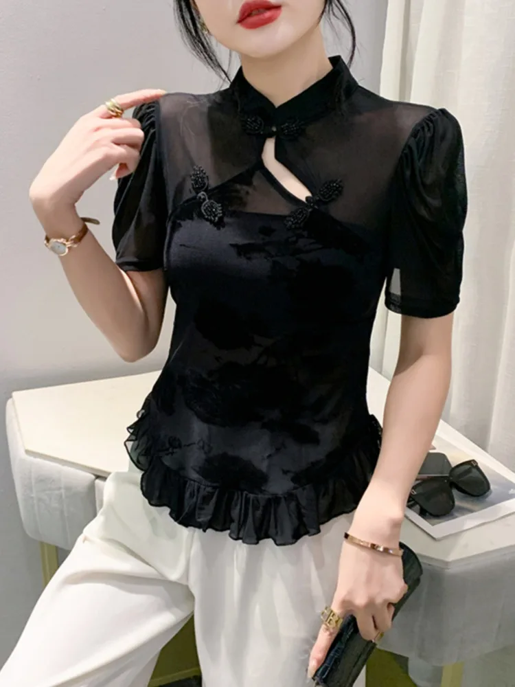 #7031 Black Mesh T Shirt Women Hollow Out Buttons Stand Collar Chinese Style Vintage Sexy Thin Perspective Tshirt Split Joint