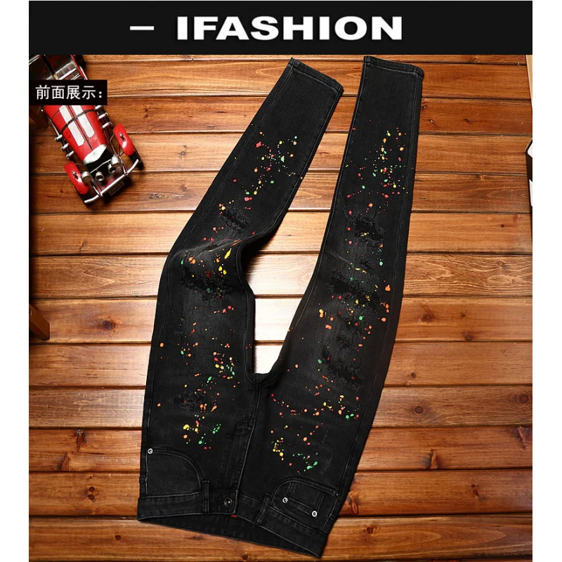 High end trendy black jeans for men, slim fit, elastic, perforated patch, paint printed, trendy street style small leg pants