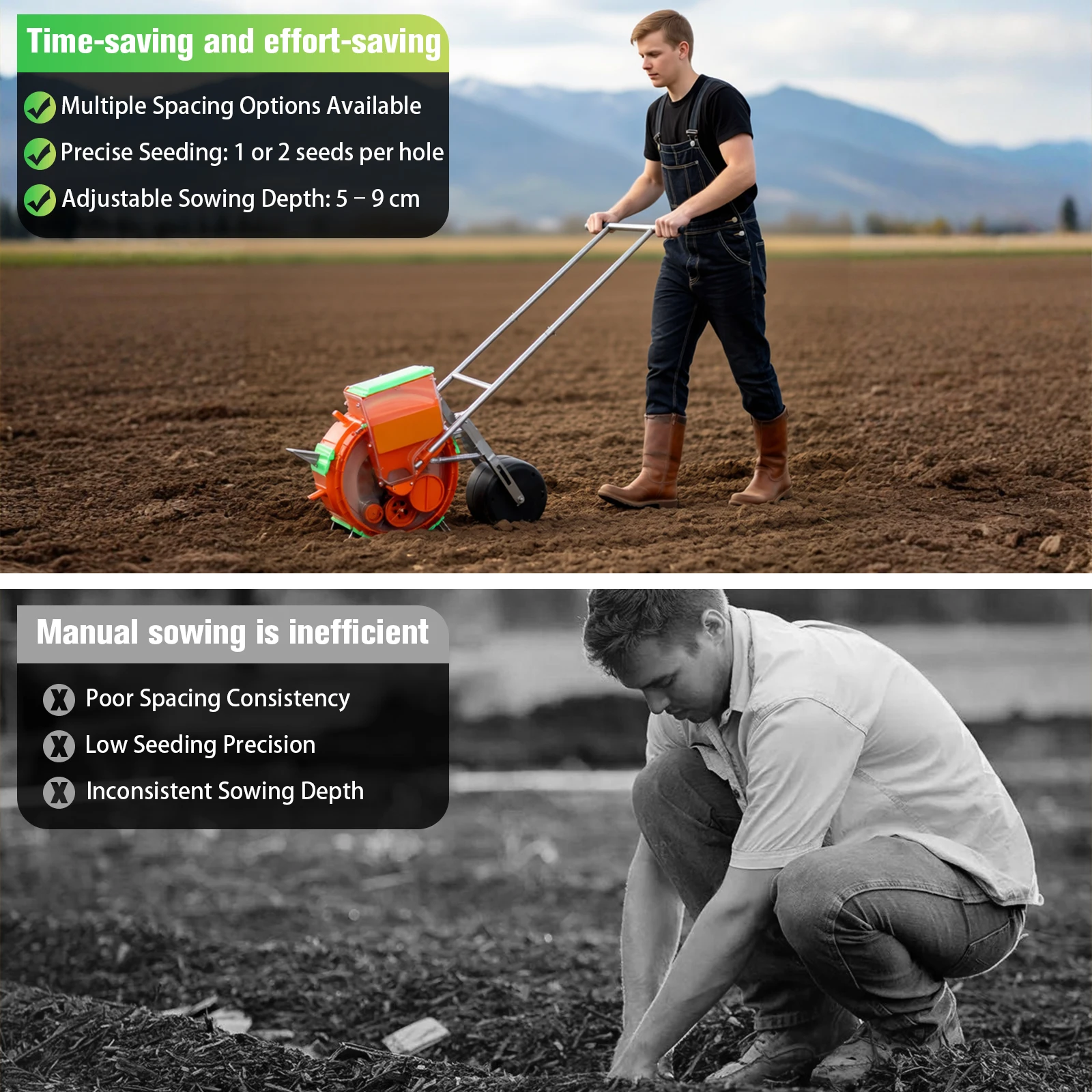 

Сеялка-ролик с 5 отверстиями, регулируемая глубина посадки, аппликатор для семян и удобрений, расстояние между рядами 33 см, для сои, арахиса, хлопка