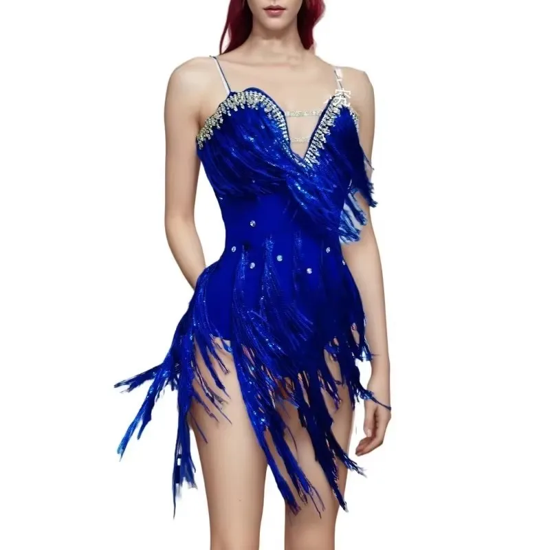 

Sequins Rhinestones Bodysuit Tassel Dress Blue Women Latin Dance Samba Ball Performance Clothes Bar Nightclub Sexy Stage Costume