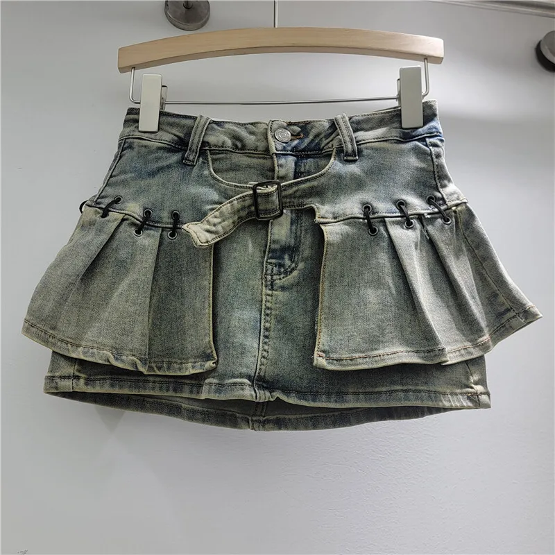 ANJY 2026 Spring Summer New Women American Trend Distressed Denim Skirt Ins Slimming Hot Girl A-line Pleated Short Skirts A16960