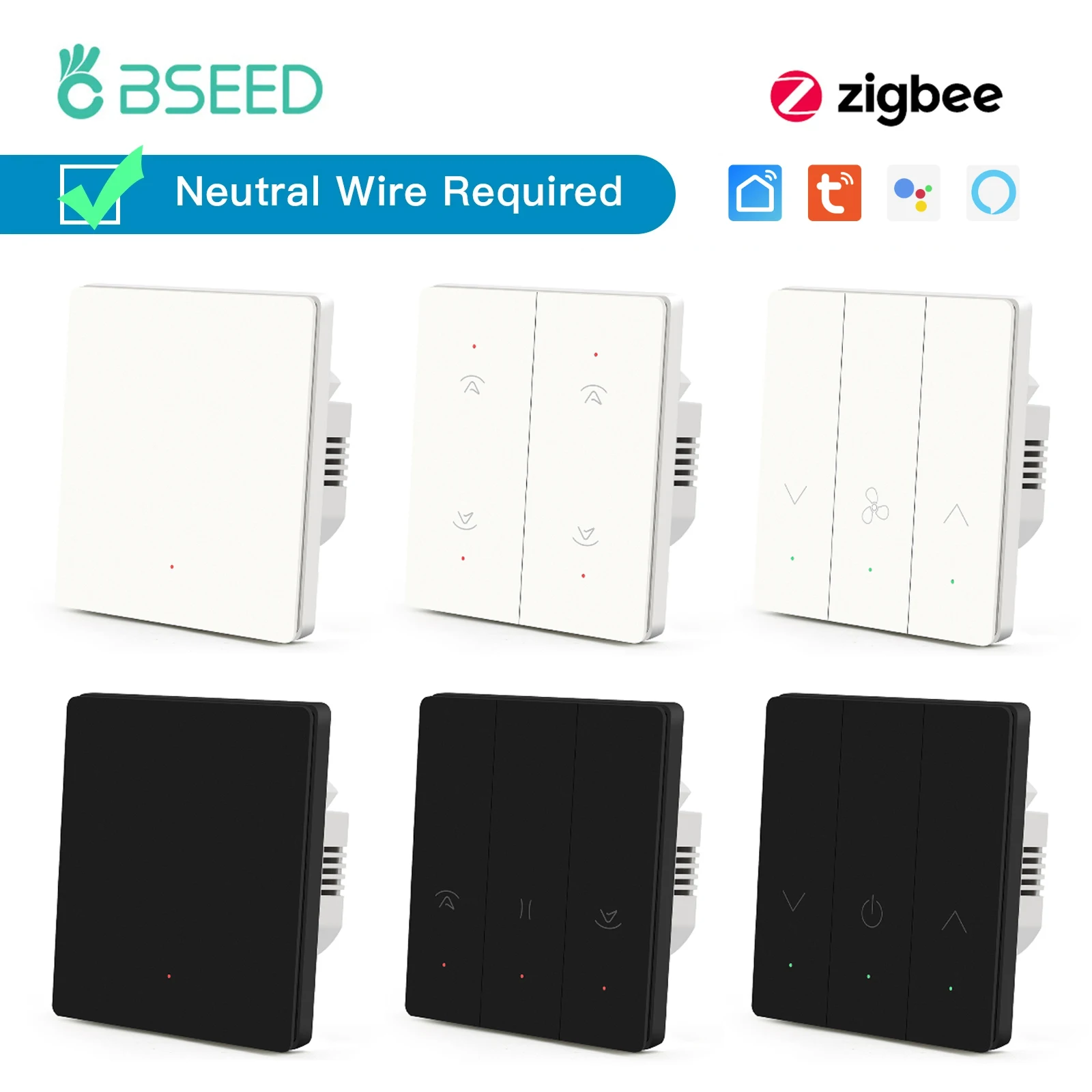 BSEED Mechanical Zigbee Switches 1/2/3Gang Smart Light Switches Smart Life APP Google Alexa Neutral Automatic Rebound Shutter