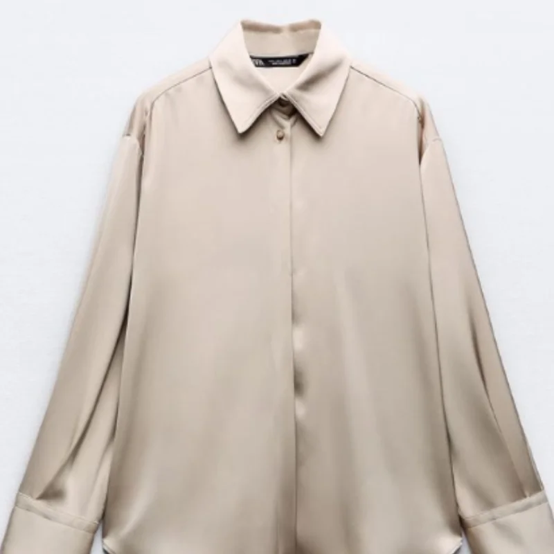 여성용 우아한 새틴 셔츠 라펠 레이스업 슬림핏 탑 솔리드 빈티지 블라우스 출퇴근 오피스 탑 2025 신상 여성 패션 코트