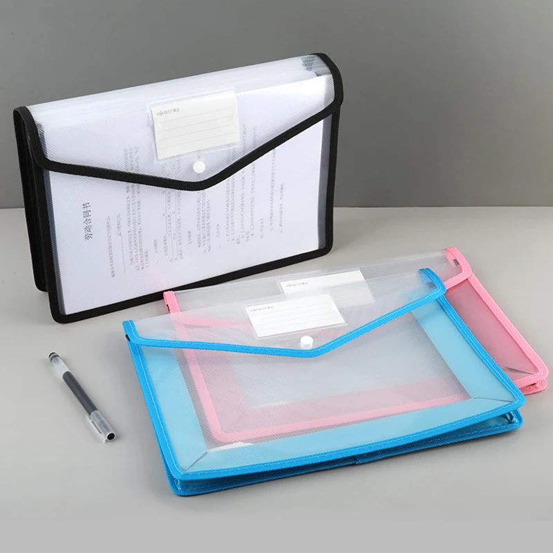 Large Capacity Waterproof File Transparent A4 Folder Press Button Plastic Data Document Bag Storage Office Supplies